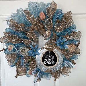 14 “ Beach themed wreath with beautiful light blue  deco mesh and burlap.